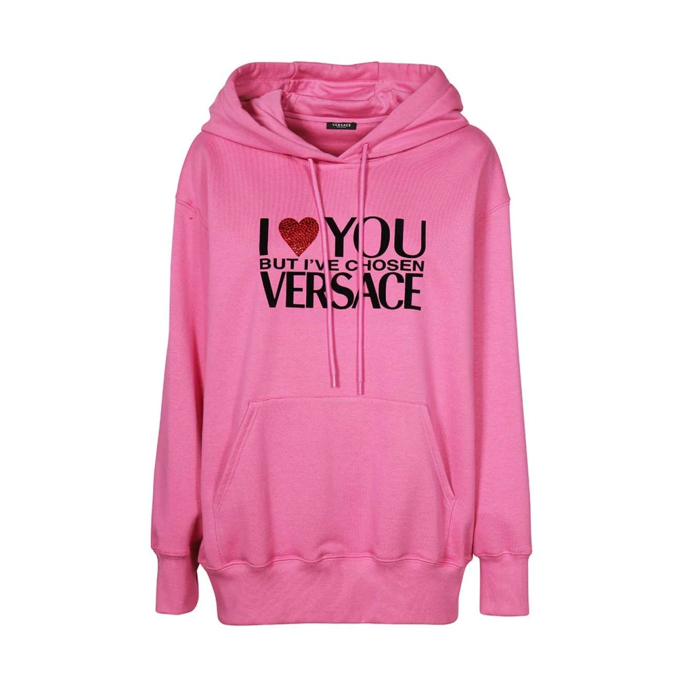 Versace Katoenen Hoodie met Rhinestones Logo Pink Dames