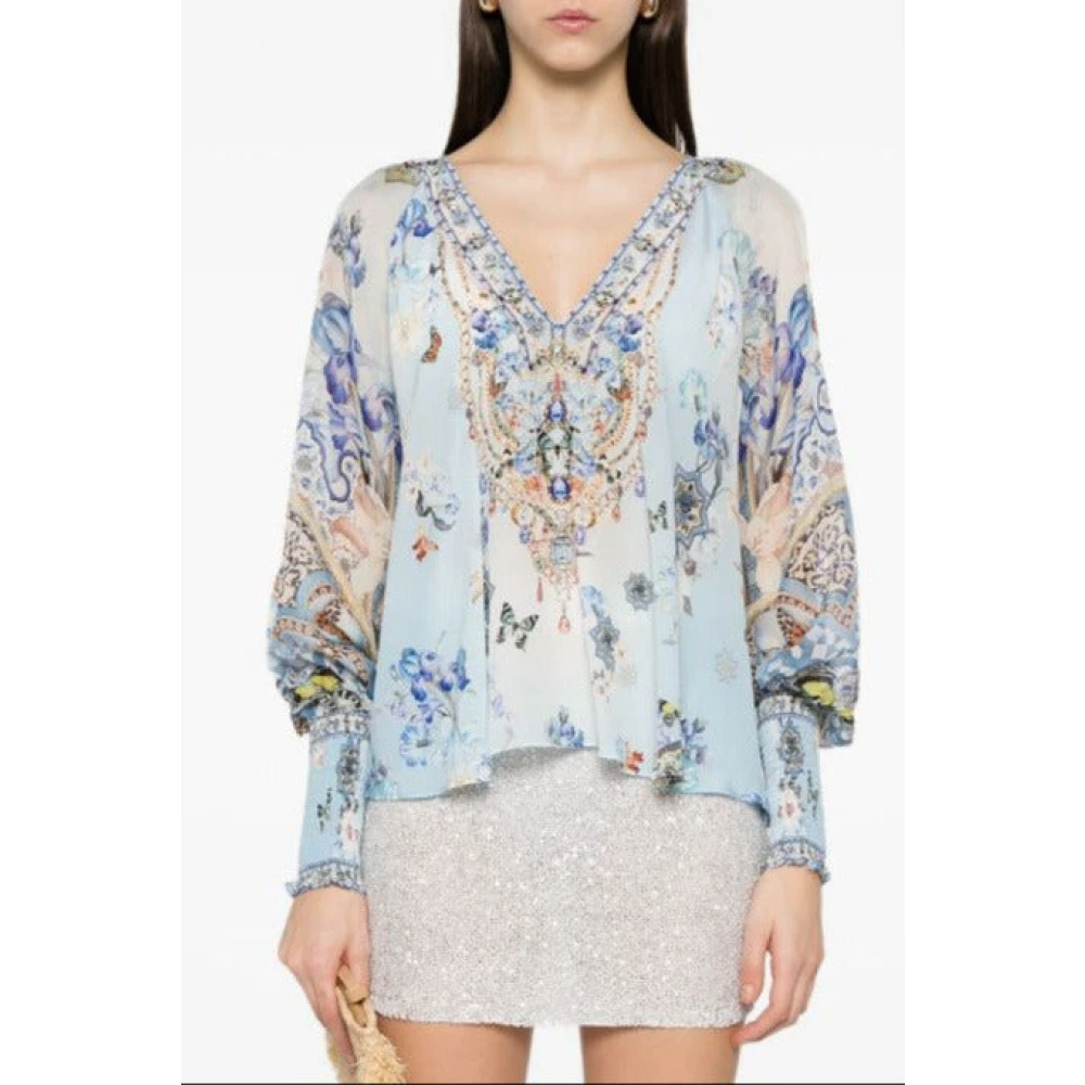 Camilla Zijden blouse met kristalversiering Blue Dames