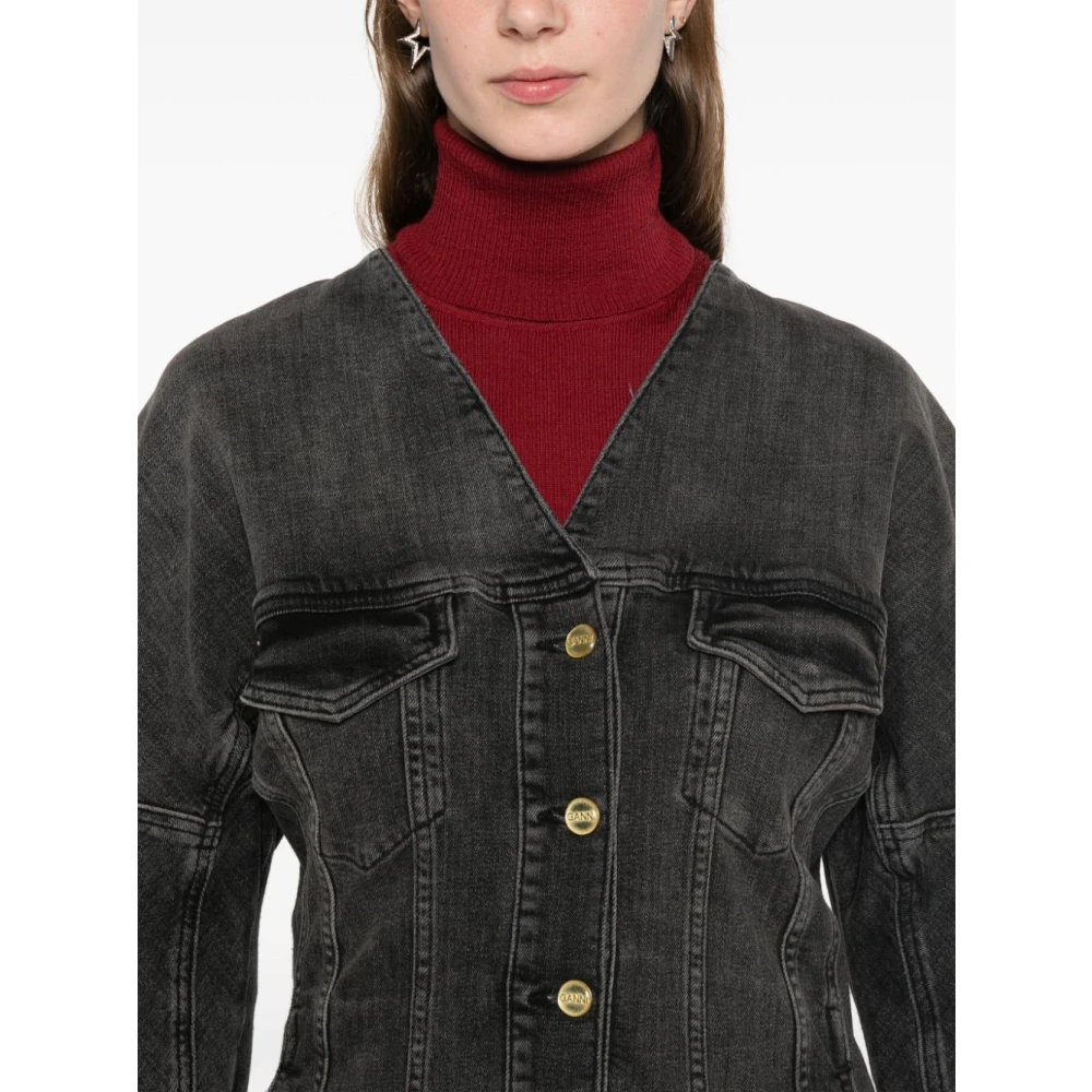 Ganni Zwarte Denim V-Hals Blazer Jas Black Dames