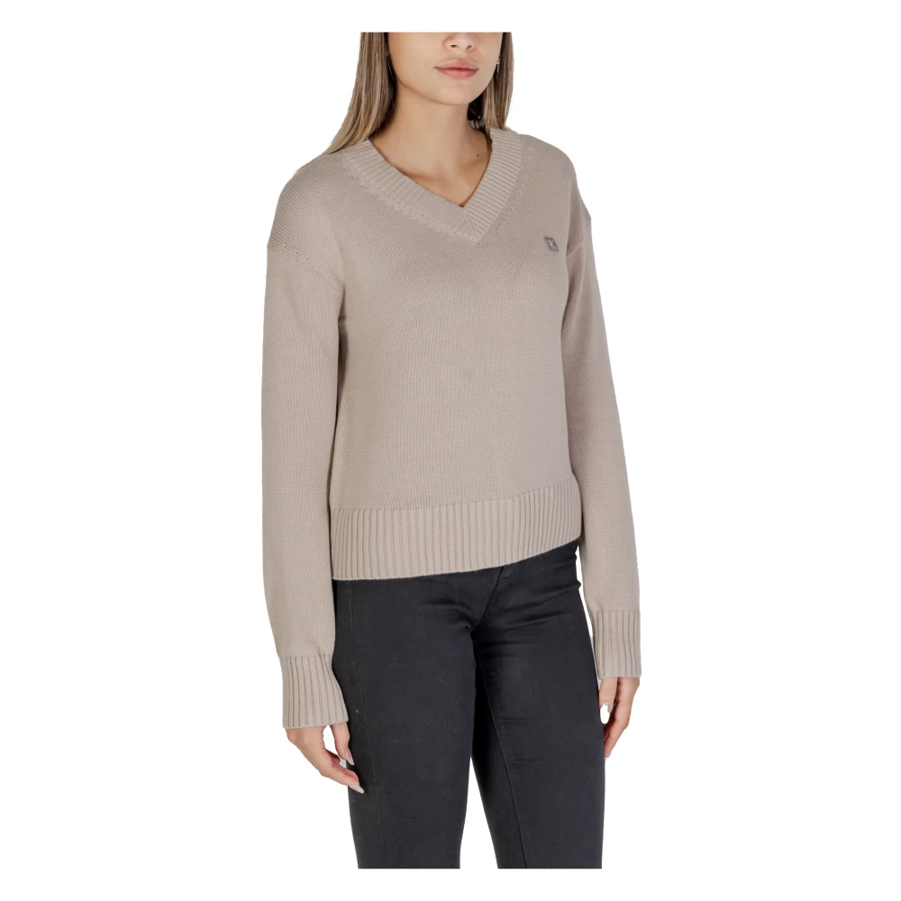 Calvin Klein Jeans Geborduurde V-hals Katoenen Trui Beige Dames