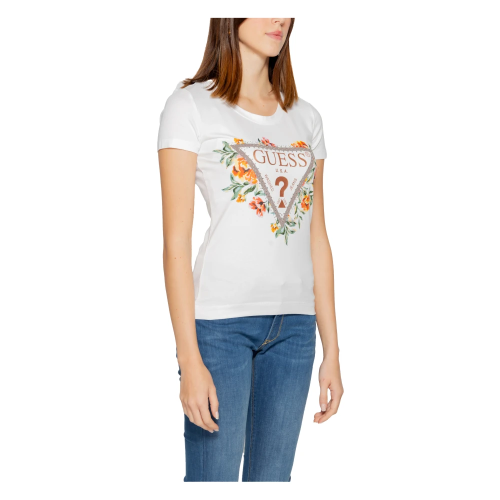 Guess Driehoek Bloemen T-shirt Lente Zomer Collectie White Dames