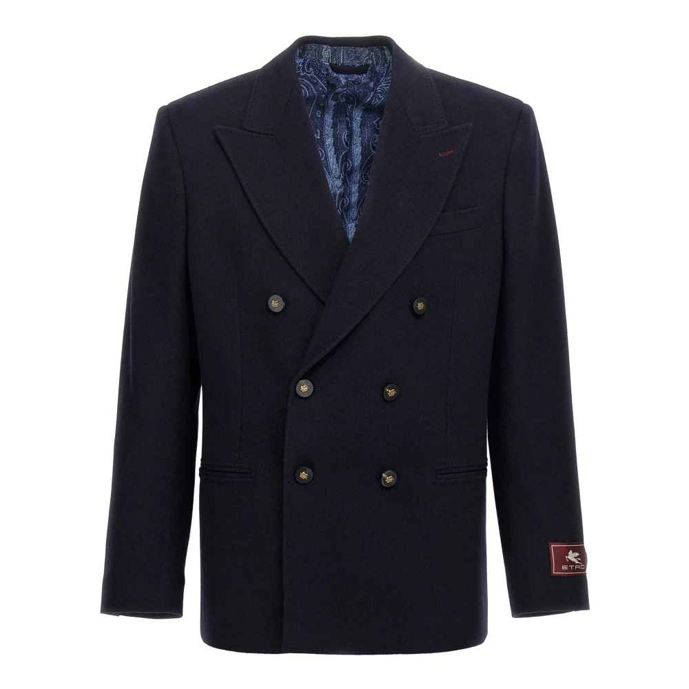 Etro Men's Blue Blazers, 2XL, Double-Breasted Cashmere Blazer