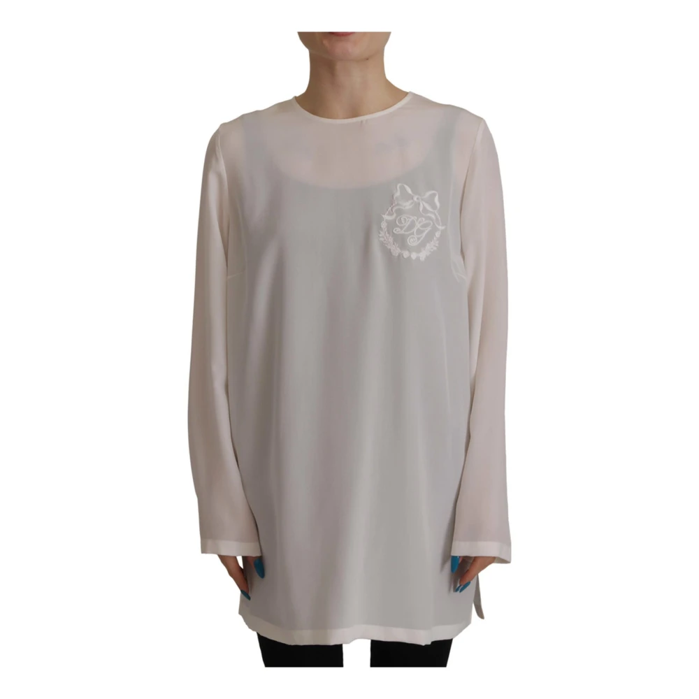 Dolce & Gabbana Women's White Blouses, S, Silk Blouse With Logo Embroidery