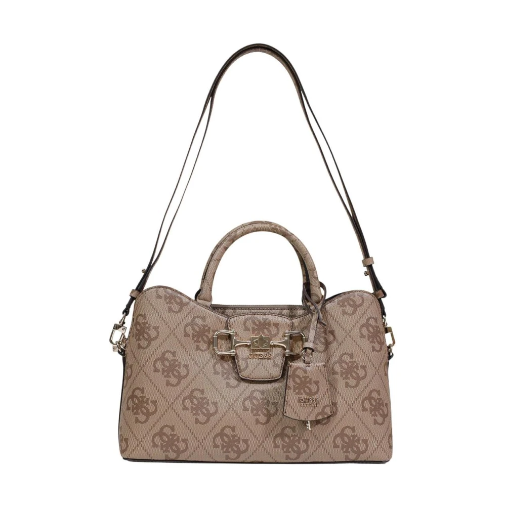 Guess Women's Beige Printed Handbag With Shoulder Strap And Zip Closure