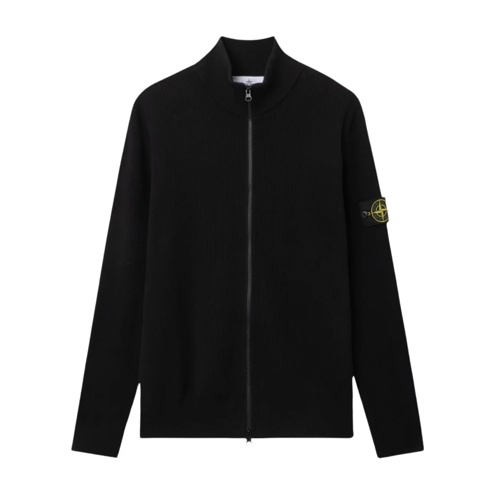 Stone Island Black Cardigans, Male, L, Ribbed Soft Cotton Cardigan