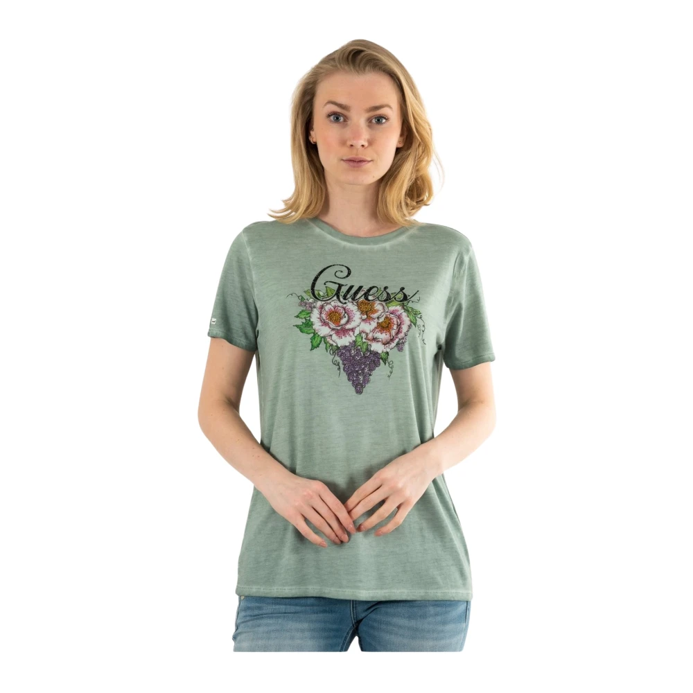 Guess Katoenen Logo T-shirt met Strass Green Dames