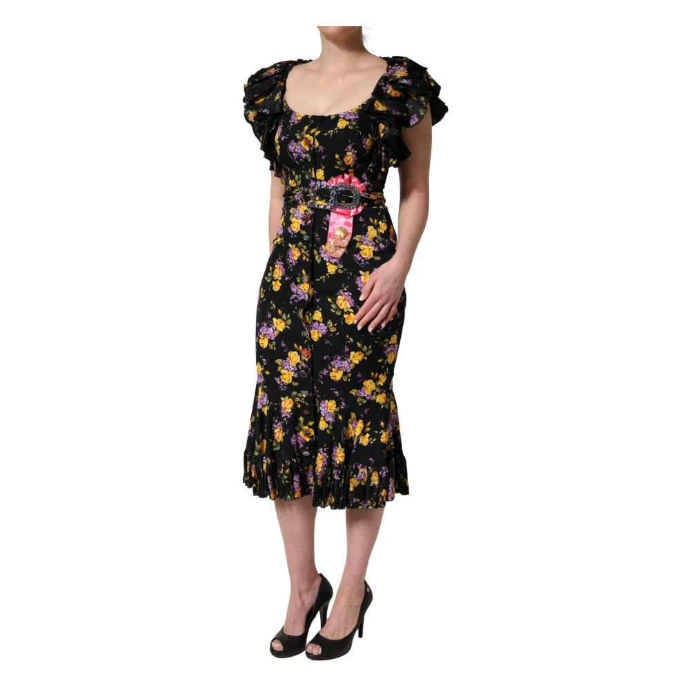Dolce & Gabbana Black Purple Crystal Brooch Silk Midi Dress - IT42|M - Image 2