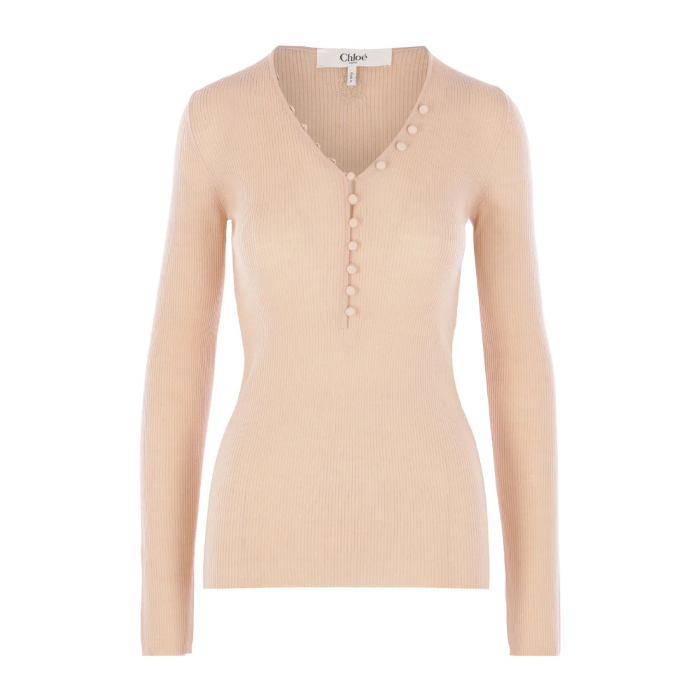 Chloé Women's Pink V-Neckline Jumpers With Logo Embroidery - L - Knitwear