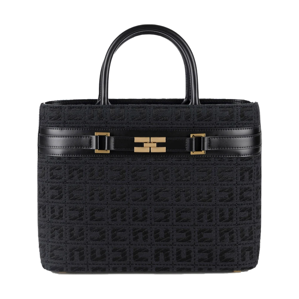Elisabetta Franchi Zwarte Jacquard Shopper Tas met Gouden Details Black Dames