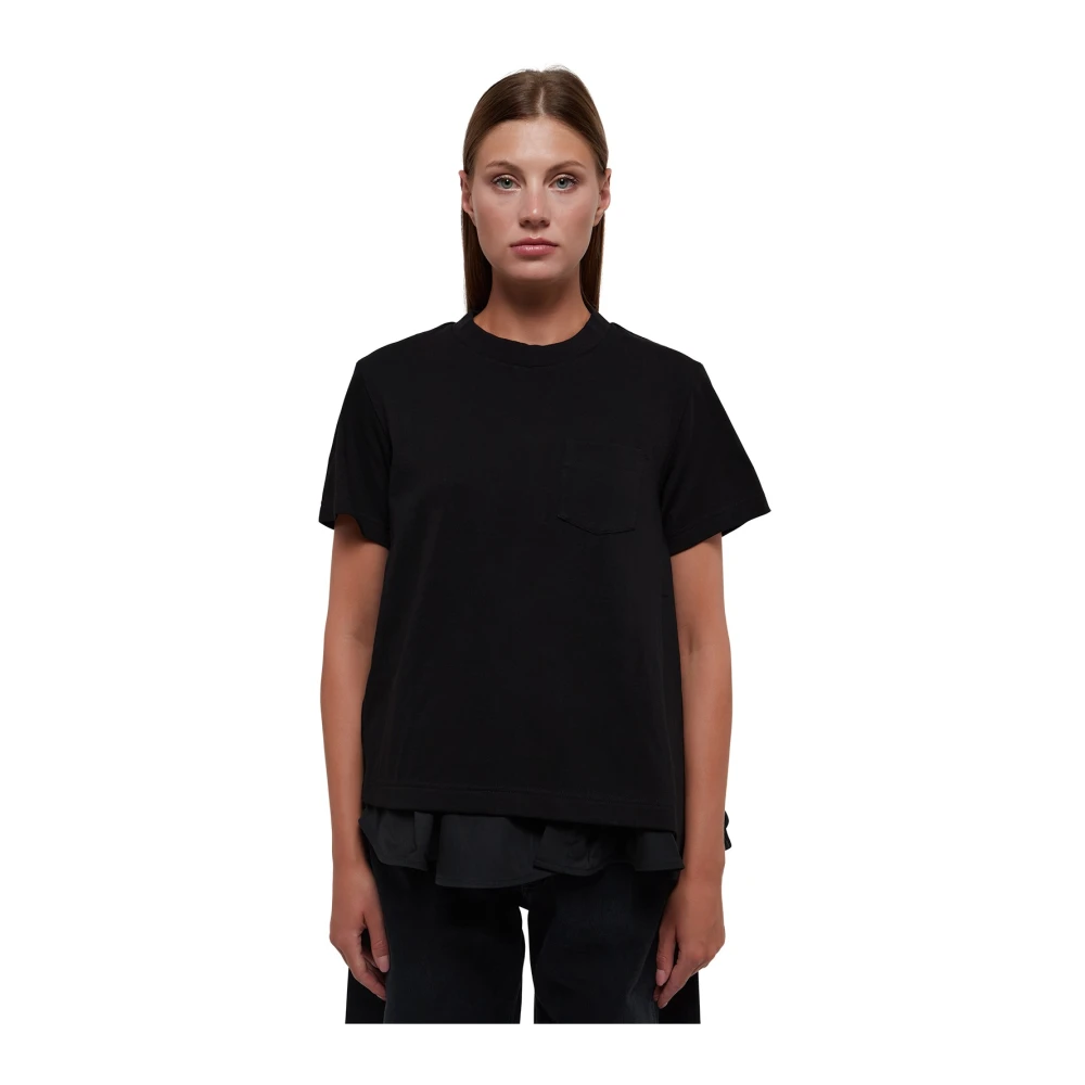 Sacai Zwart Katoen Poplin Mix T-Shirt Black Dames
