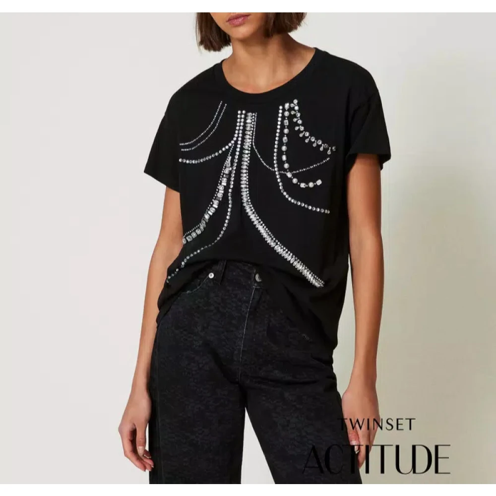 Twinset Geborduurd parel T-shirt Black Dames