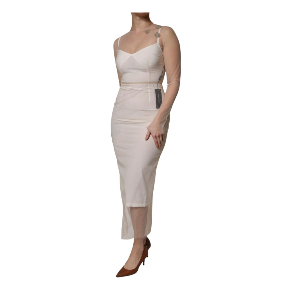 Dolce & Gabbana Witte Sheer Tulle Bodycon Midi Jurk White Dames