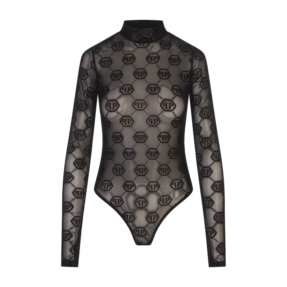 Philipp Plein Zwarte Tule Bodysuit Top met Monogram Black Dames