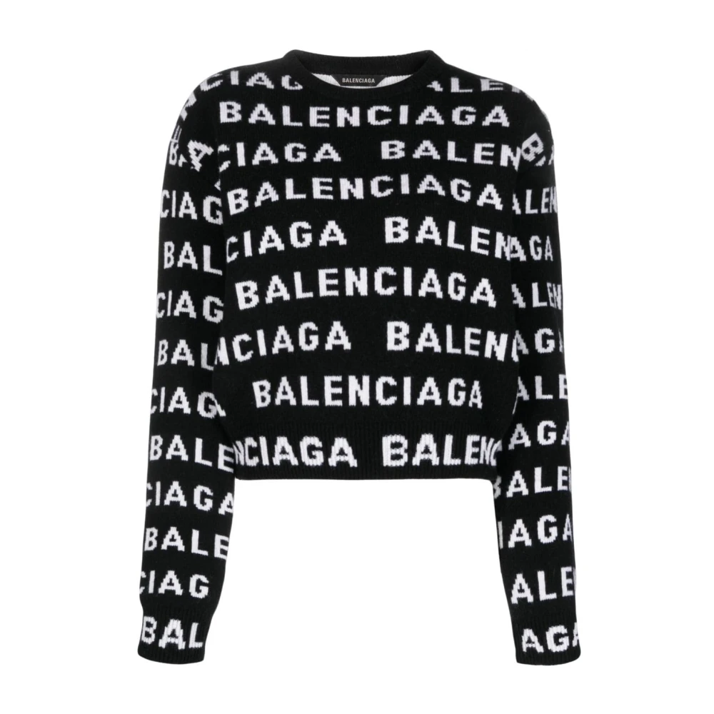 Balenciaga Intarsia-Knit Logo Wollen Trui Black Dames