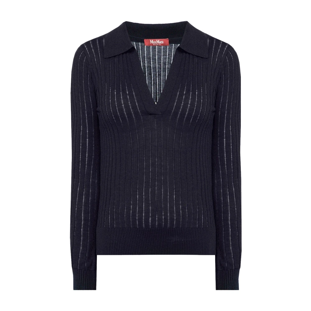 Max Mara Studio Geribbelde V-hals Trui Zijde Wol Blue Dames