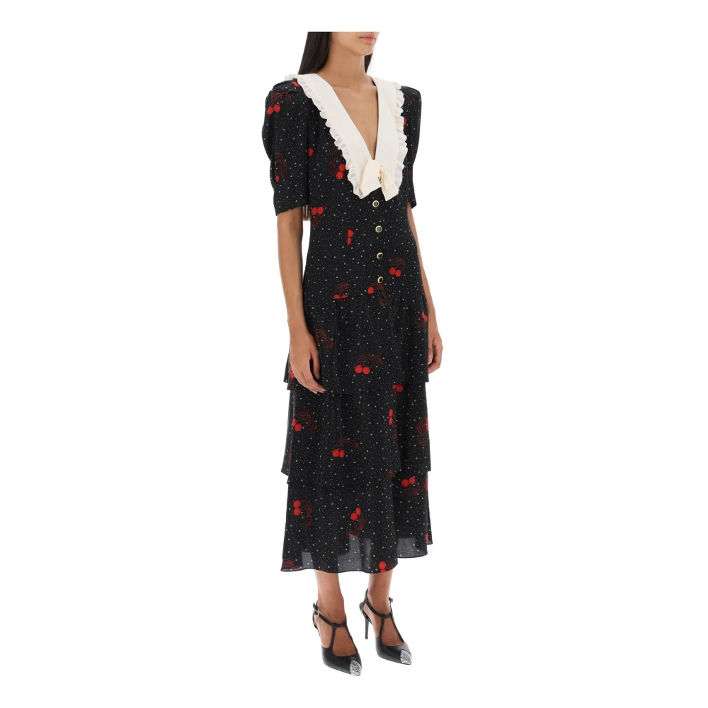 Alessandra Rich Zijden jurk met kersenpatroon en contrasterende kraag Black Dames