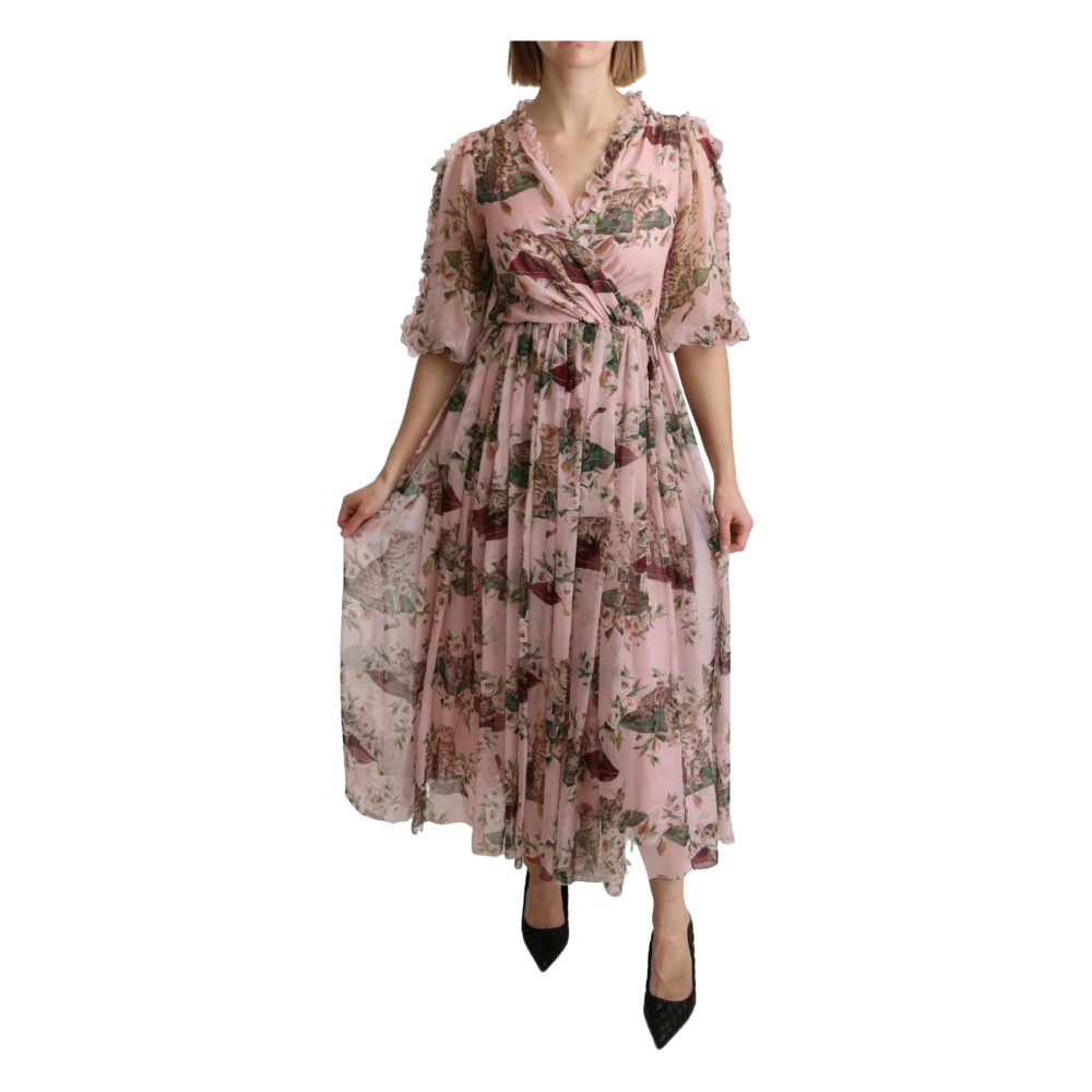 Dolce & Gabbana Elegant Pink Bengal Cat Print A-Line Maxi Dress - Female - Maxi Dresses - Multicolor - Xs - Dresses