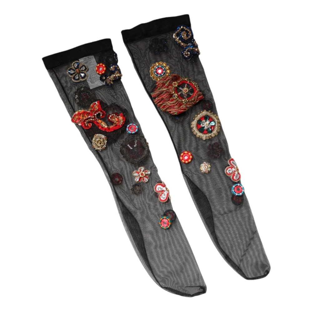 Dolce & Gabbana Donna Multicolor Calze Nere Con Cristalli E Paillettes