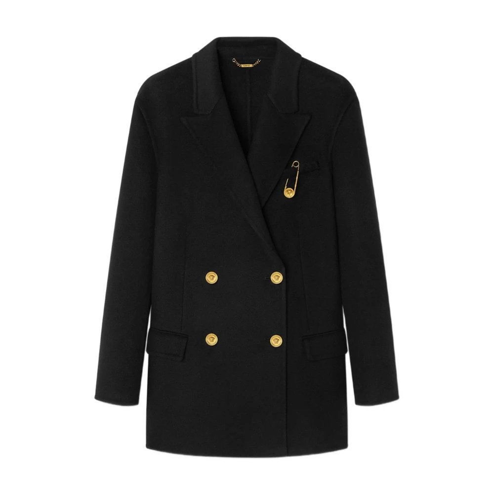 Versace Double-Breasted Coats, Female, M, Wool And Cashmere Double-Breasted Coat Black