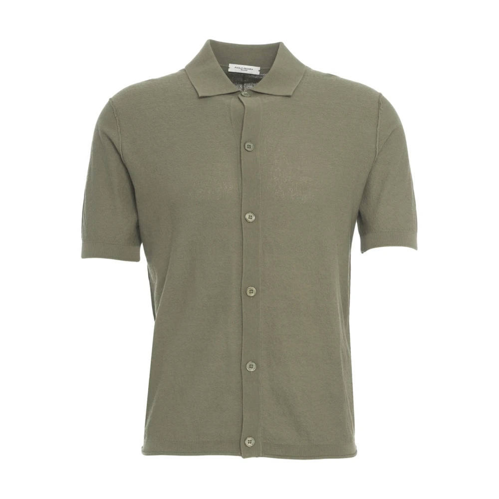 Paolo Pecora Groene Gebreide Shirt Korte Mouw Casual Green Heren