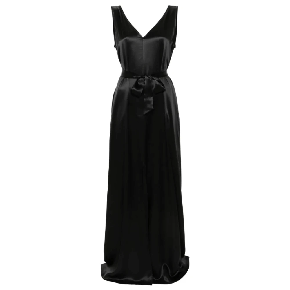 Kiton Zwarte Zijden V-hals Maxi Jurk Black Dames