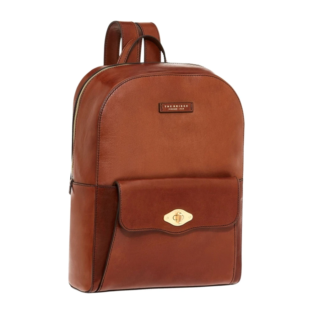 The Bridge Women's Brown Leather Backpack With Golden Metal Details - Backpacks - One Size - Bags