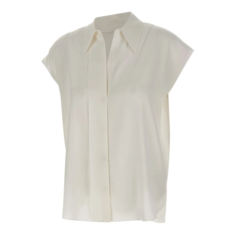 Vince Women's White Blouses, L, Stretch-Silk Hidden-Placket Cap-Sleeve Blouse