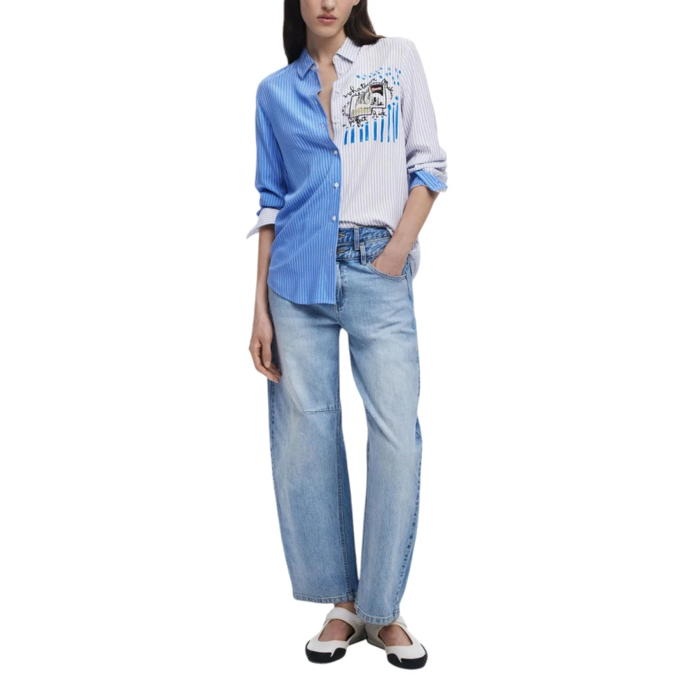 Desigual Blauwe Bedrukte Button-Up Shirt Blue Dames