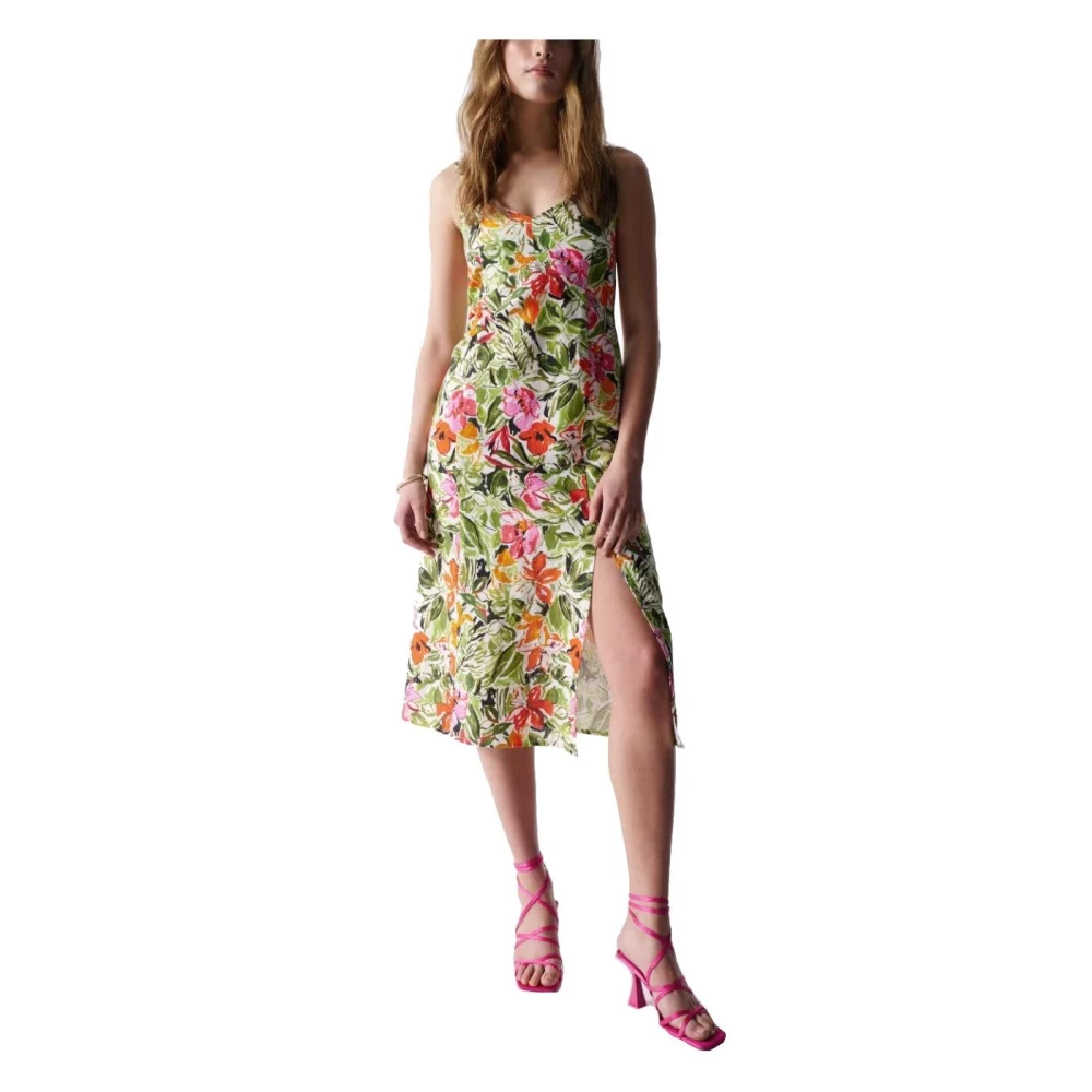 Salsa Green Floral Midi Linen Dress - Female - Midi Dresses - S - Dresses