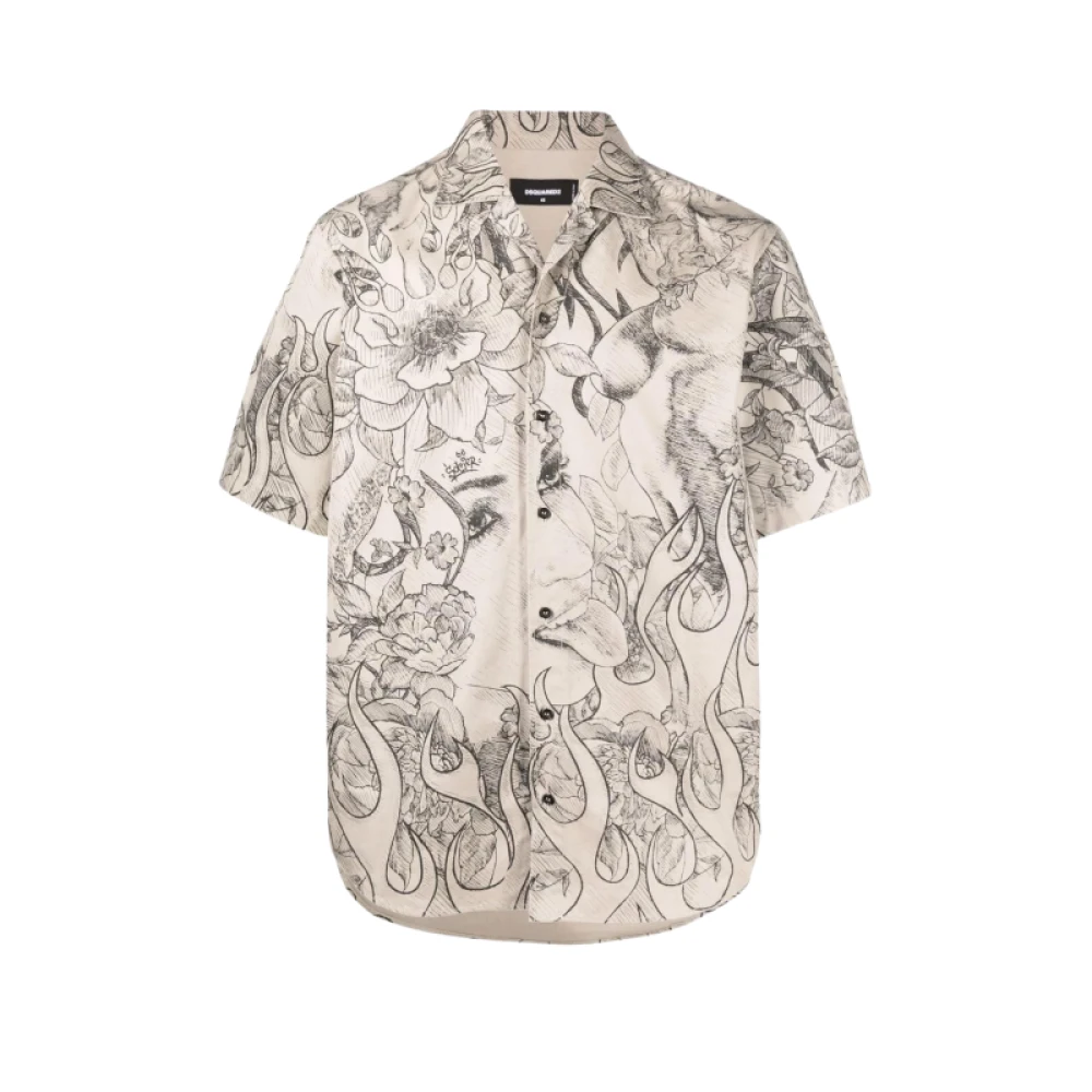 Dsquared2 Katoenen overhemd met korte mouwen en zwarte bloemenprint Beige Heren