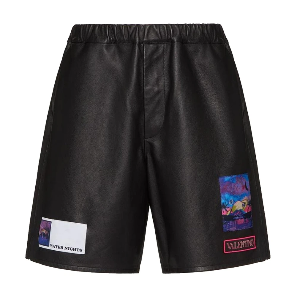 Valentino Zwarte Leren Shorts met Elastische Taille Black Heren
