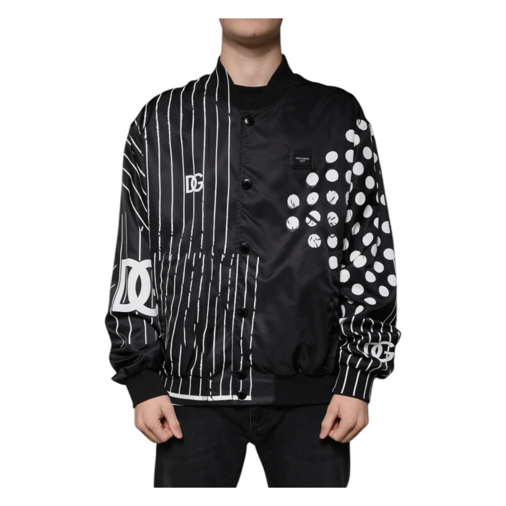 Dolce & Gabbana Men's Black Polka Dot Stripe Nylon Bomber Jacket
