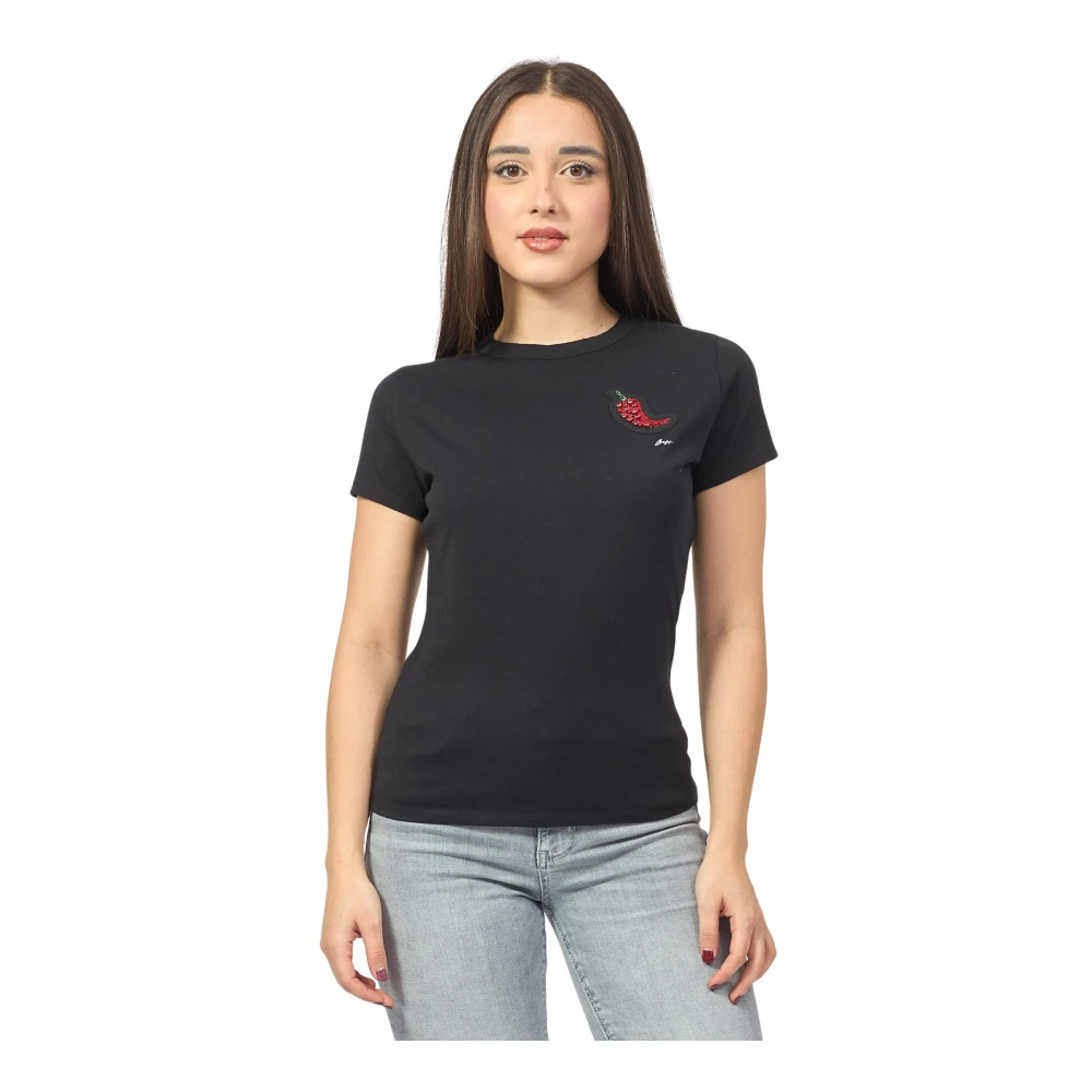 Hugo Boss Zwarte T-shirt met kristaldetails Black Dames