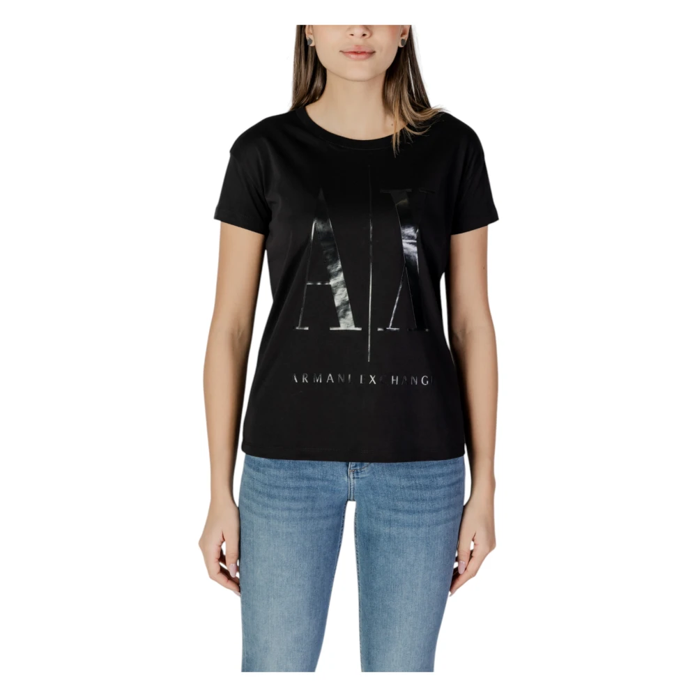 Armani Exchange Women's Black T-Shirts, S, Print Round Neck T-Shirt