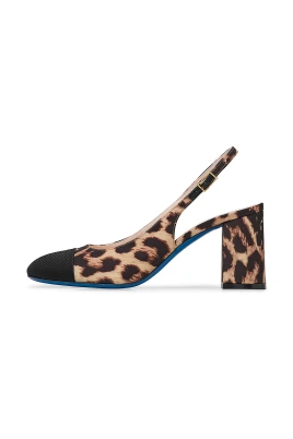 Slingback i leopardtryckt tyg och svart grosgrain