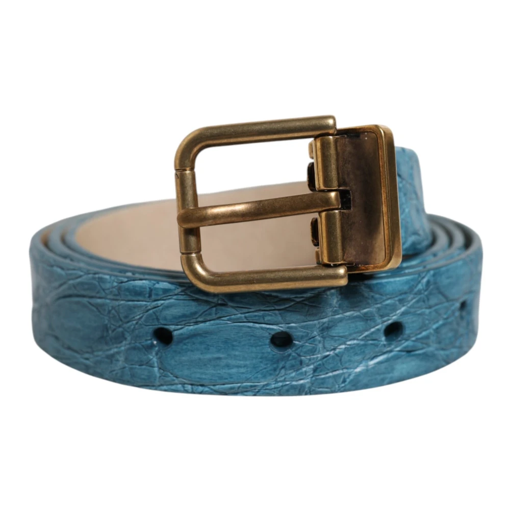 Dolce & Gabbana Blue Leather Classic Gold Metal Belt - Unisex - Belts - One Size - Accessories
