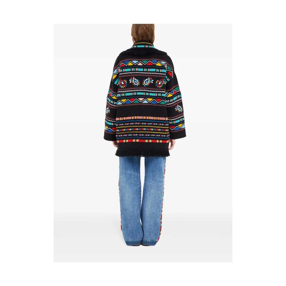 Alanui Zwarte Shawl Revers Trui met Franjes Multicolor Dames