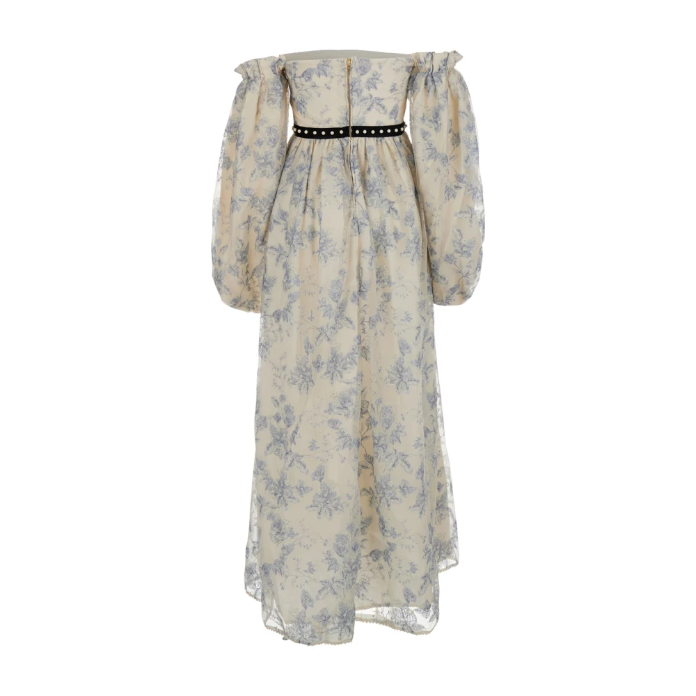 Agua by Agua Bendita Blauwe Bloemen Bardot Hals Linnen Jurk Multicolor Dames