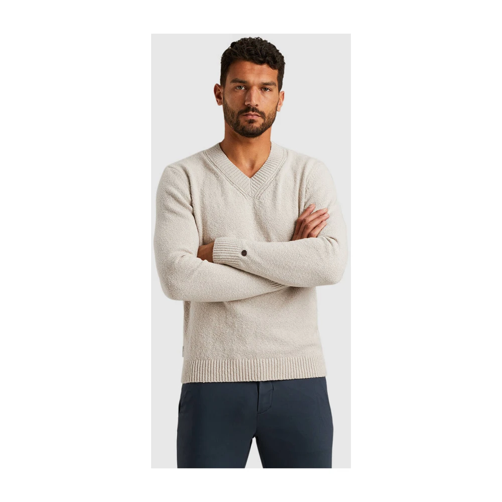 Cast Iron Boucle Katoen V-Hals Pullover Beige Heren