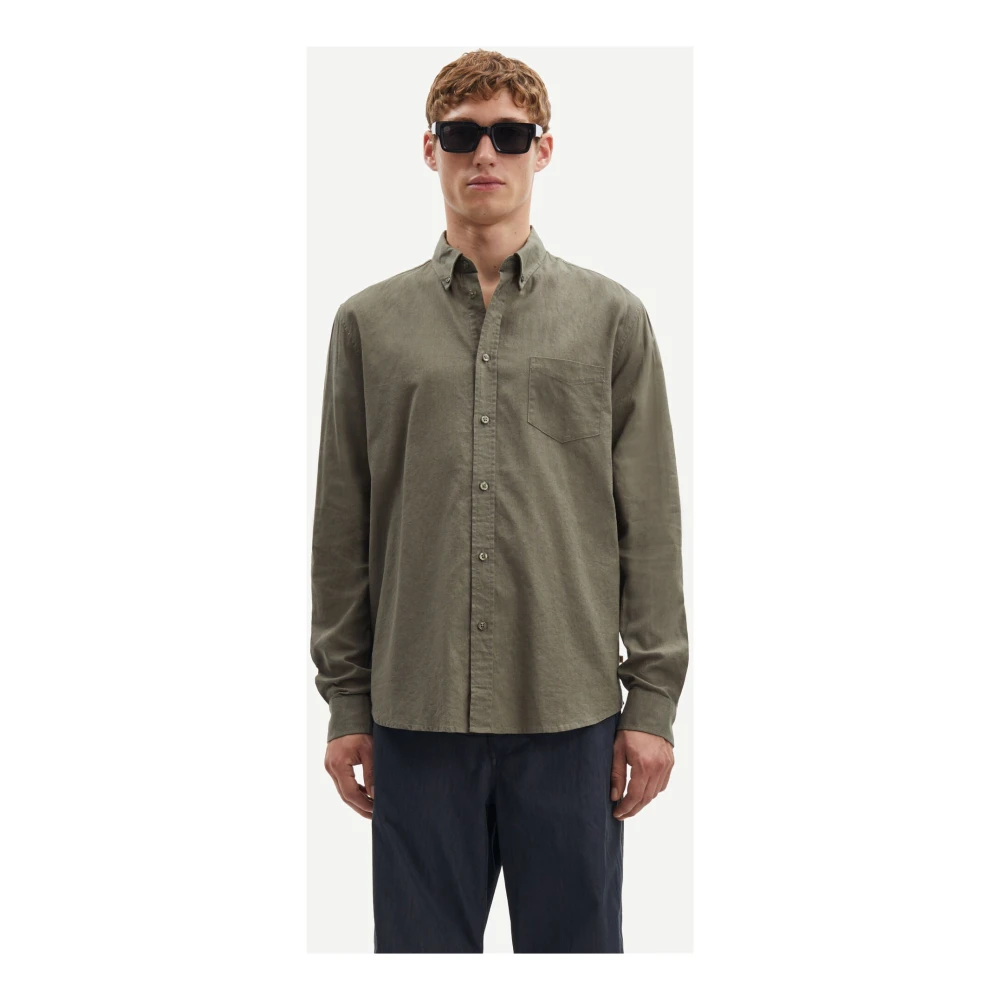 Samsøe Linnenmix Shirt met Lange Mouwen Green Heren
