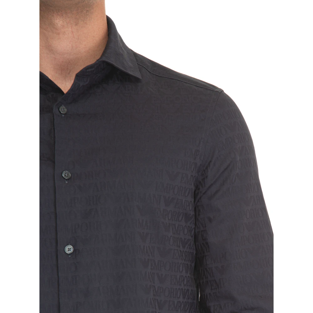 Emporio Armani Logo Print Katoenen Overhemd met Lange Mouwen Blue Heren