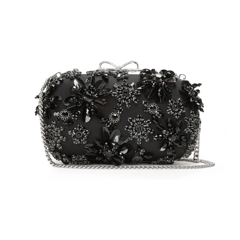 Self Portrait Women's Black Satin Floral Crystal Clutch Bag