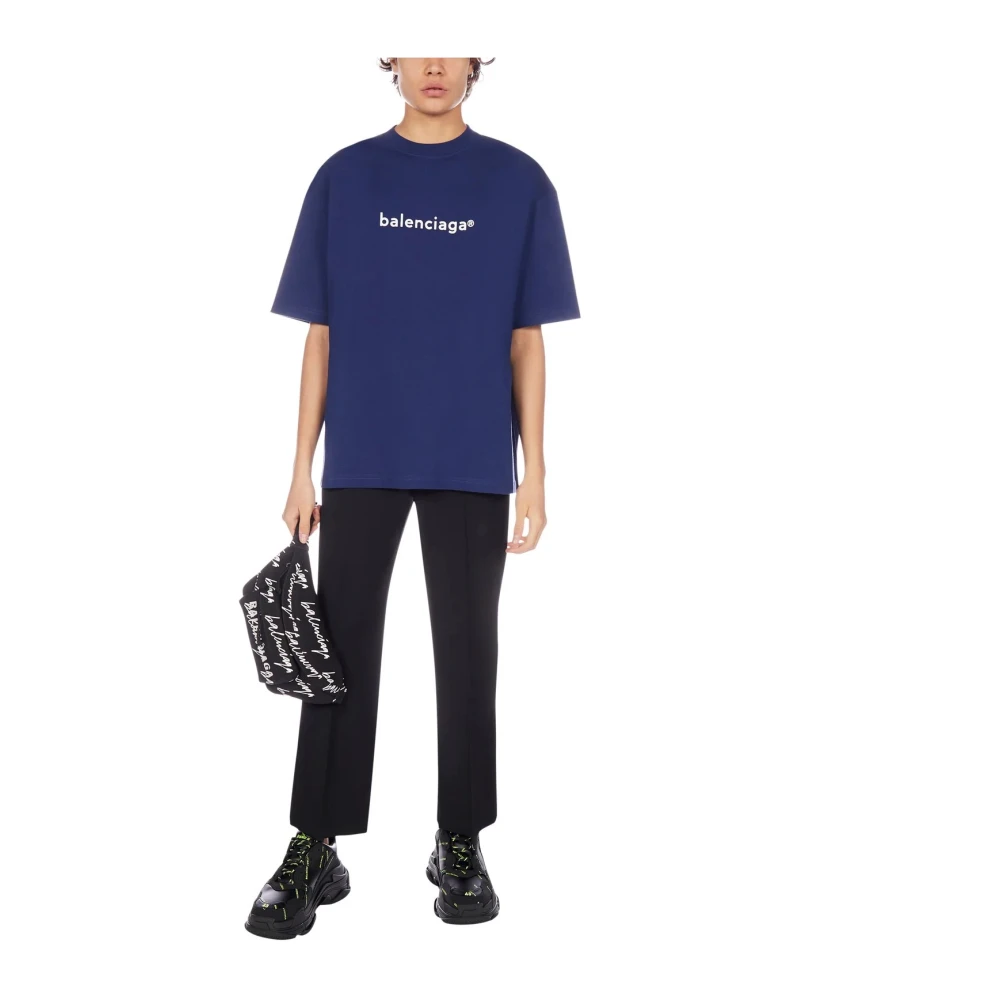 Balenciaga Logo Print Blauw Oversized T-shirt Blue Heren