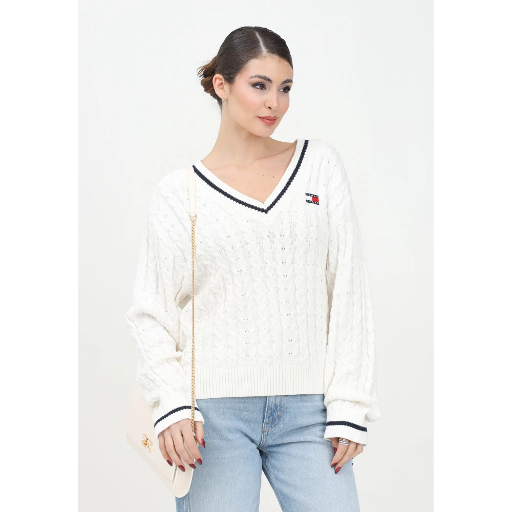 Tommy Jeans Crème Gebreide Trui met V-hals White Dames