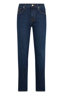 Mörk denimjeans, klassisk och mångsidig passform.