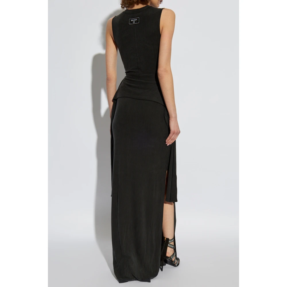 Balmain Geribbelde Jurk met Split Black Dames