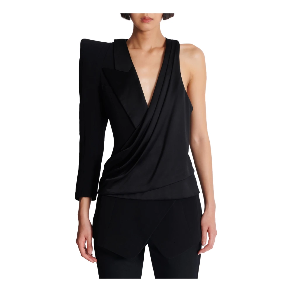 Balmain Asymmetrische jurk met gestructureerde schouder Black Dames