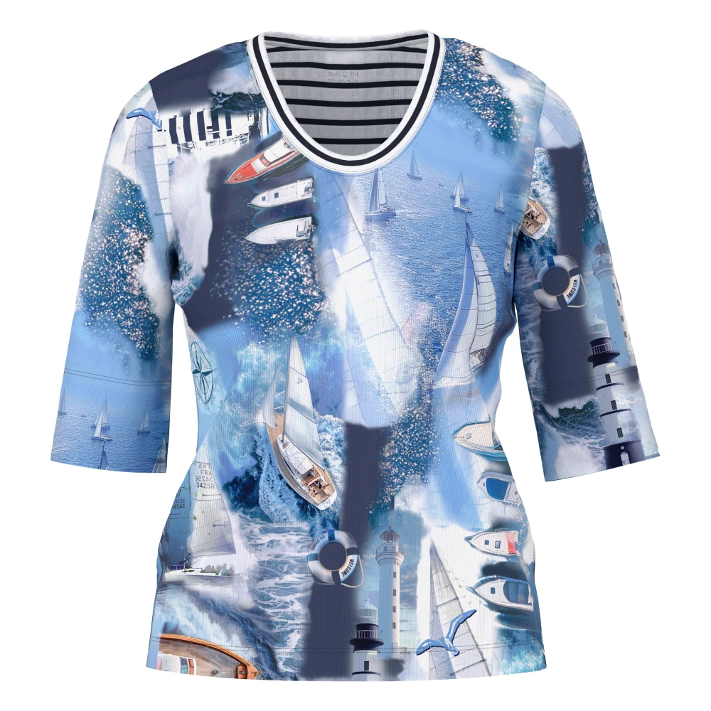 Marc Cain Women's Blue T-Shirt Mit Maritimem Print - T-Shirts - L - Tops
