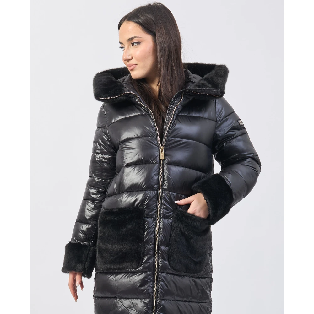 YES ZEE Zwarte Gewatteerde Hooded Lange Jas Black Dames