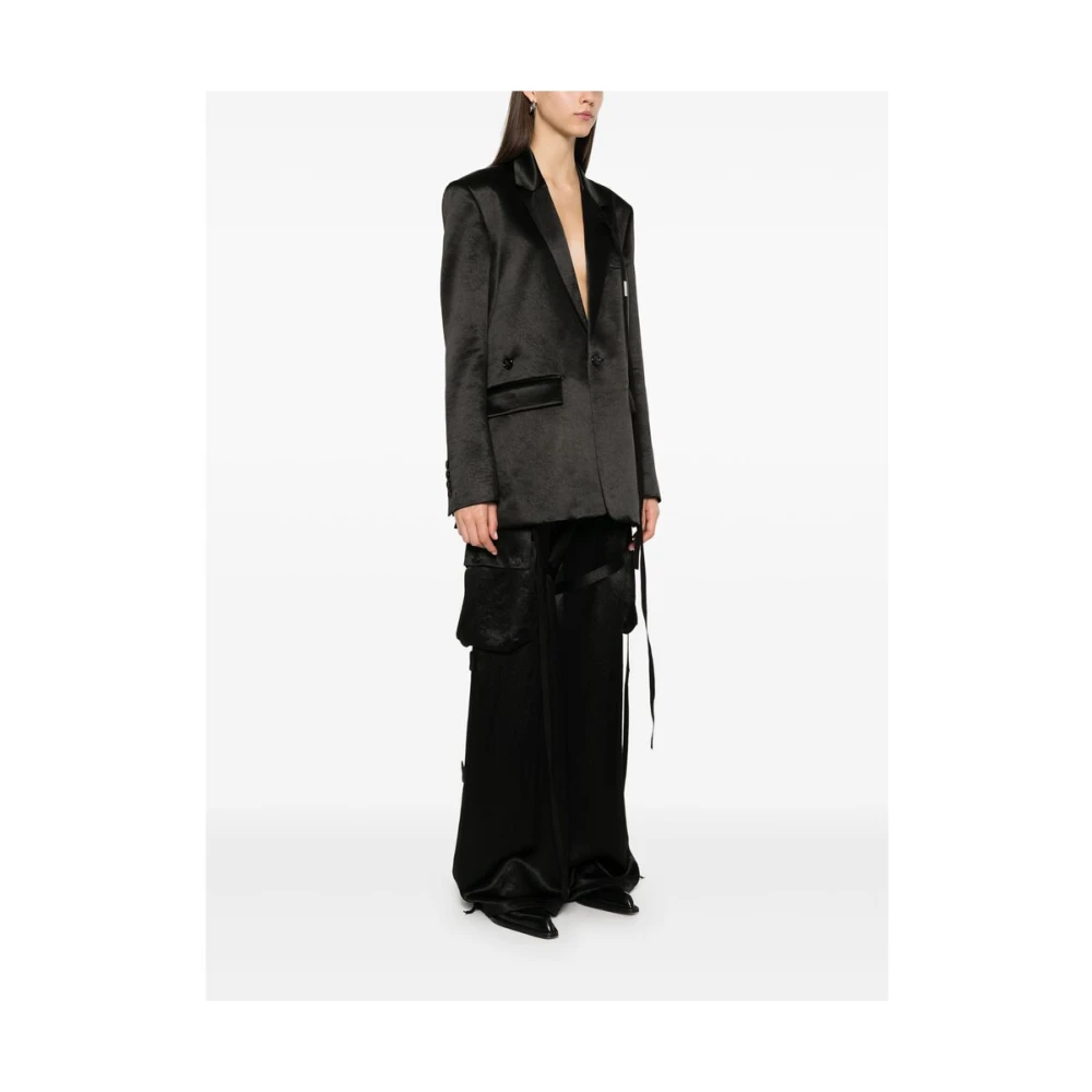 Ann Demeulemeester Zwarte Satijnen Finish Jas met Banddetail Black Dames